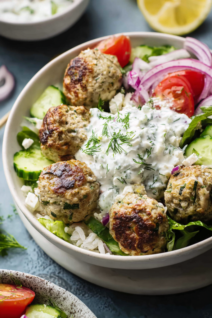 greek chicken meatball bowls
