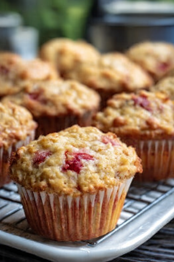 Strawberry Rhubarb Oatmeal Yogurt Muffins