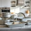 baking pan buying guide showing a heavy-gauge aluminum half-sheet pan with rolled edges next to a warped thin pan