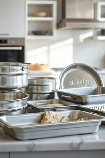baking pan buying guide showing a heavy-gauge aluminum half-sheet pan with rolled edges next to a warped thin pan