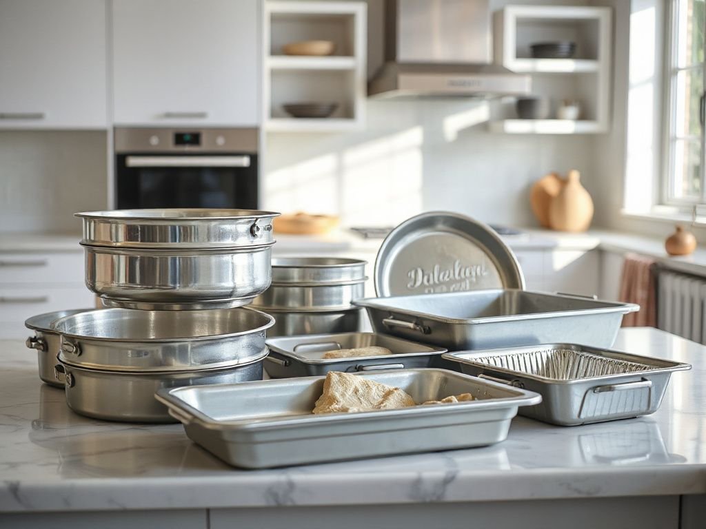 baking pan buying guide showing a heavy-gauge aluminum half-sheet pan with rolled edges next to a warped thin pan