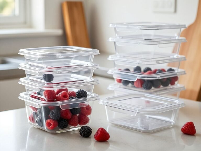 Freezer containers with sealed lids stacked in a kitchen freezer