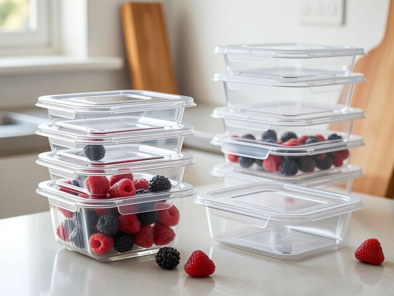 Freezer containers with sealed lids stacked in a kitchen freezer