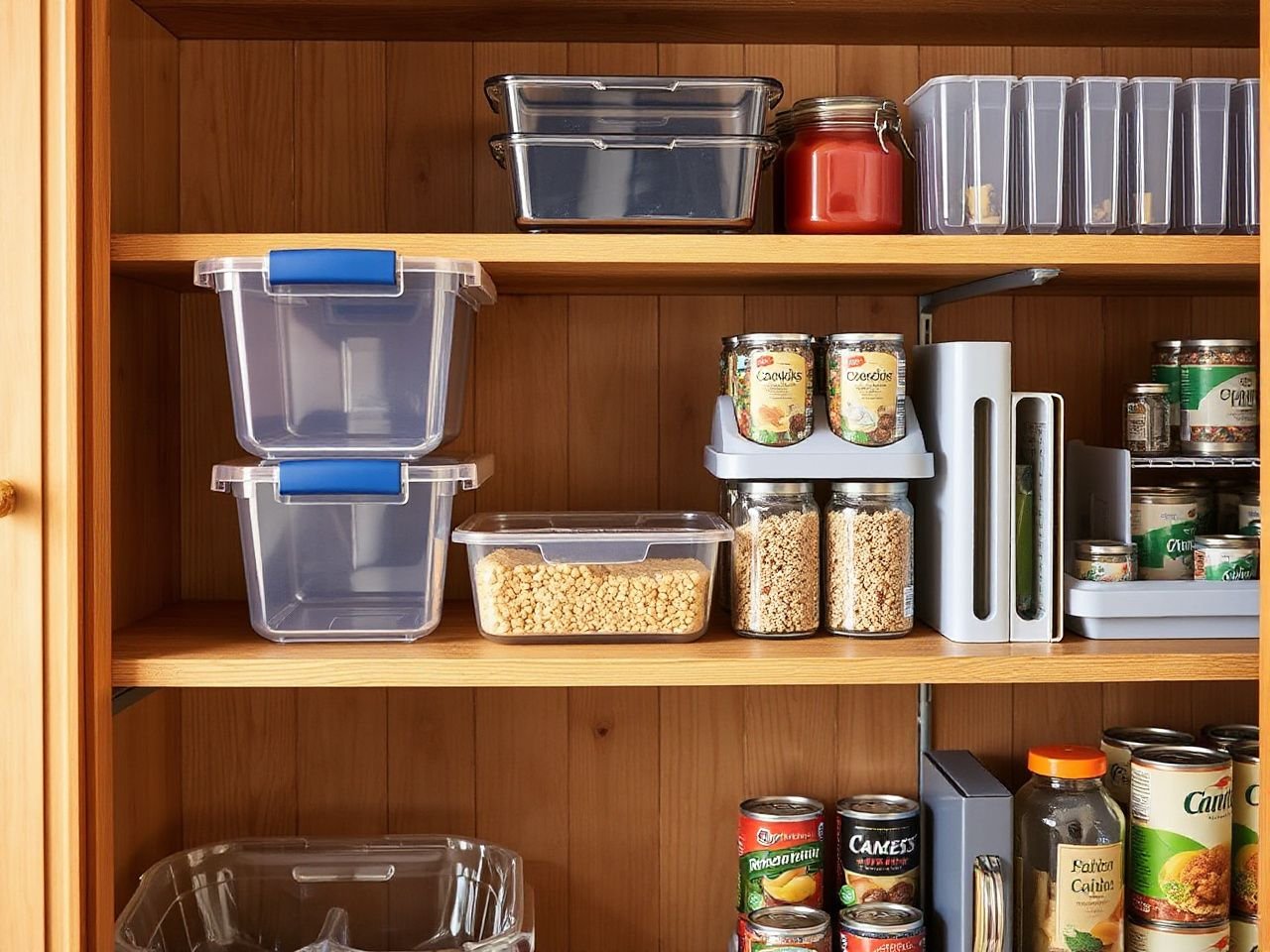 organized pantry with clearly labeled storage bins