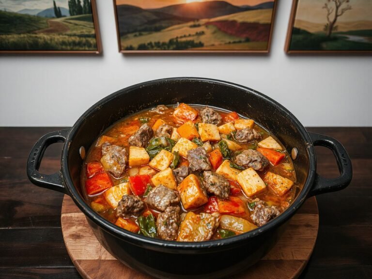 Beef and vegetable stew in a black cooking pot
