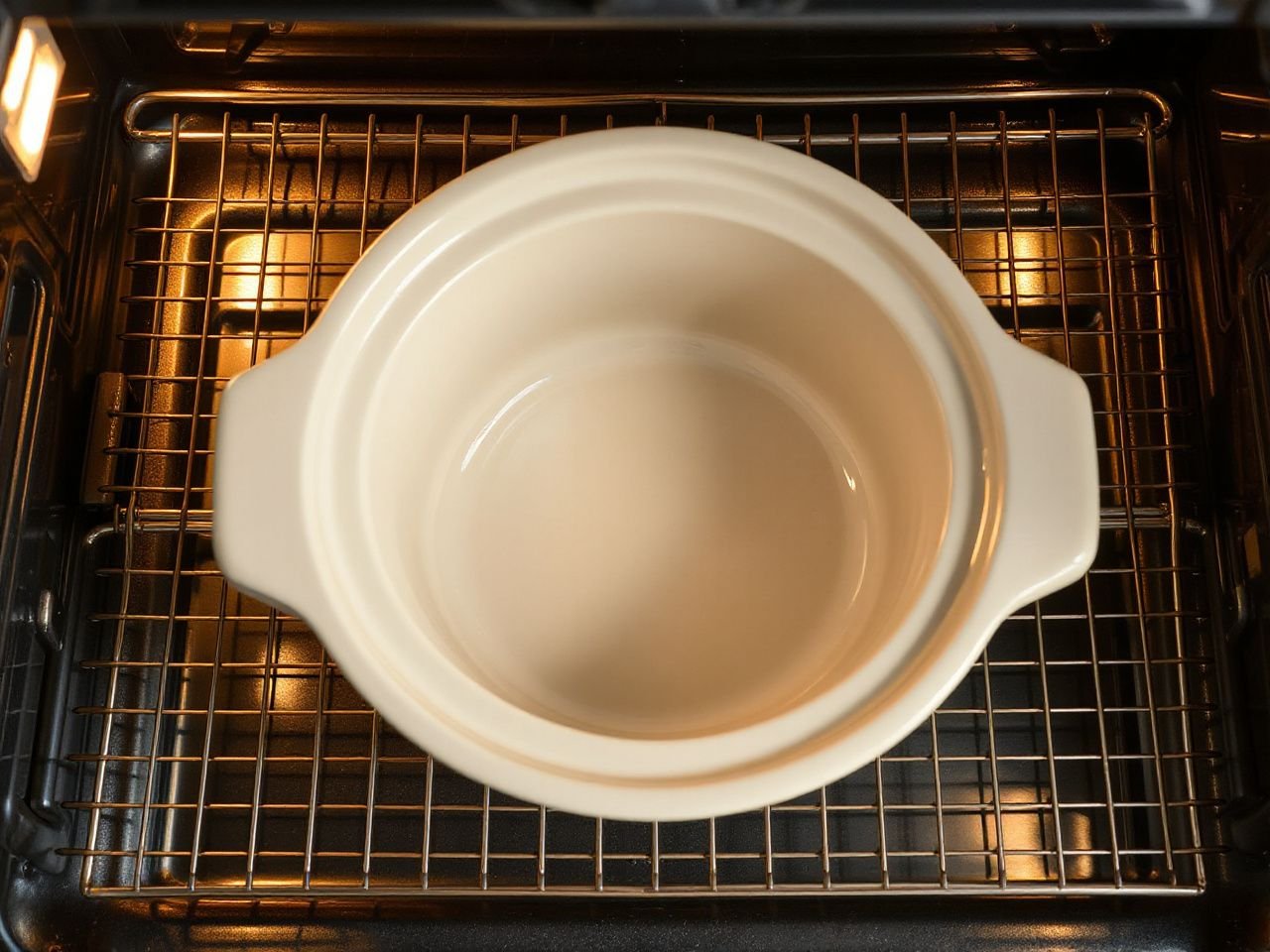 Empty ceramic slow cooker insert on an oven rack